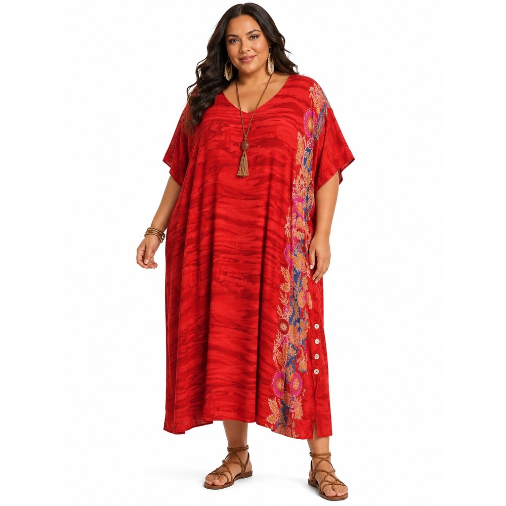 Anna Maxwell Plus Size 5X 34/36 Red Floral Rayon Boho Maxi Dress Short Sleeve